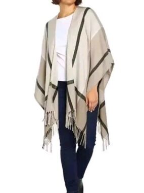 Three Dots Neutral Plaid Open Poncho with Fringe- Miranda Plaid(Neutral)